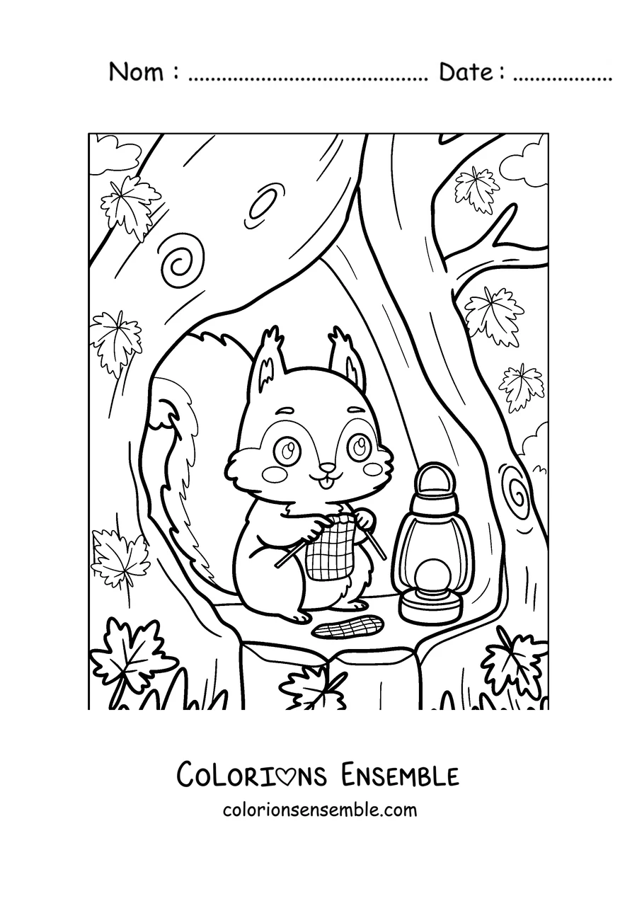 Coloriage d'un écureuil dans le creux d'un arbre à côté d'une lanterne