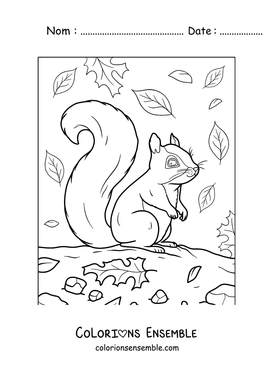 Coloriage d'un écureuil parmi les feuilles d'automne