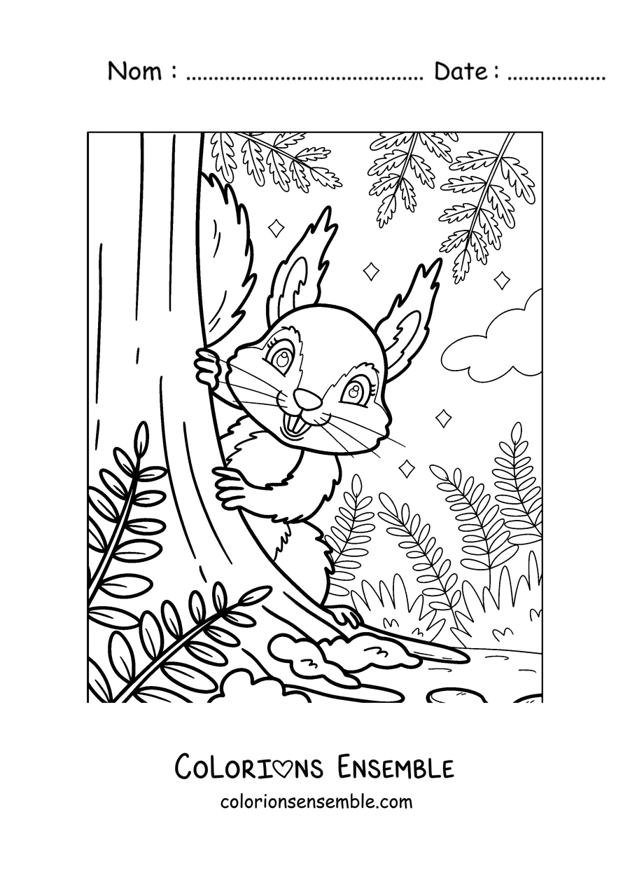 Coloriage d'un écureuil qui grimpe au tronc d'un arbre