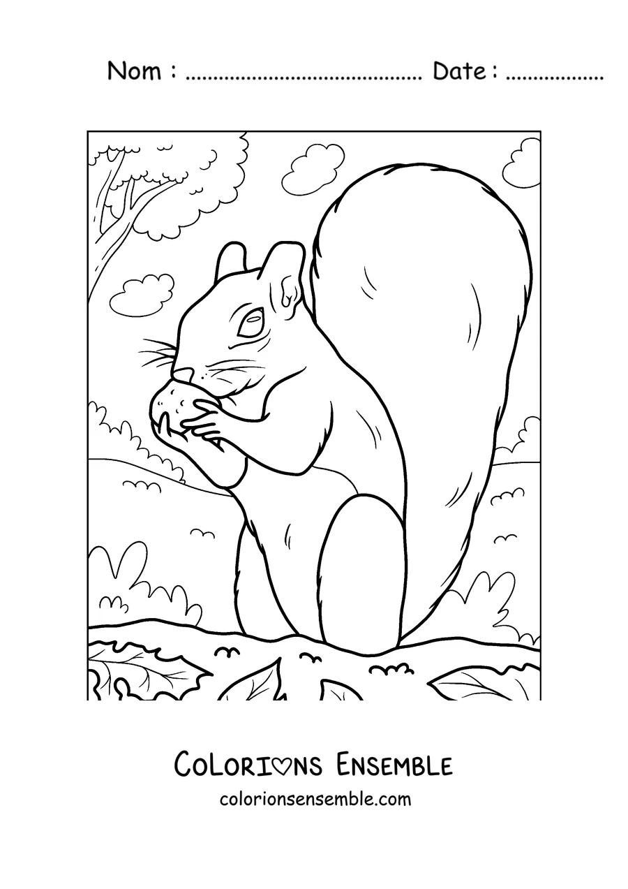 Coloriage d'un écureuil qui mange une noix