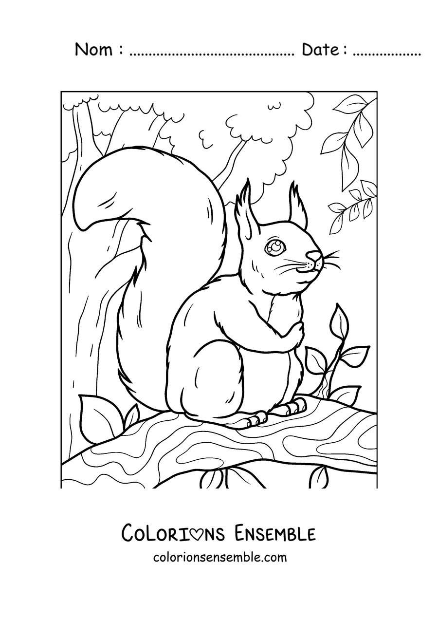 Coloriage d'un écureuil souriant assis sur une branche