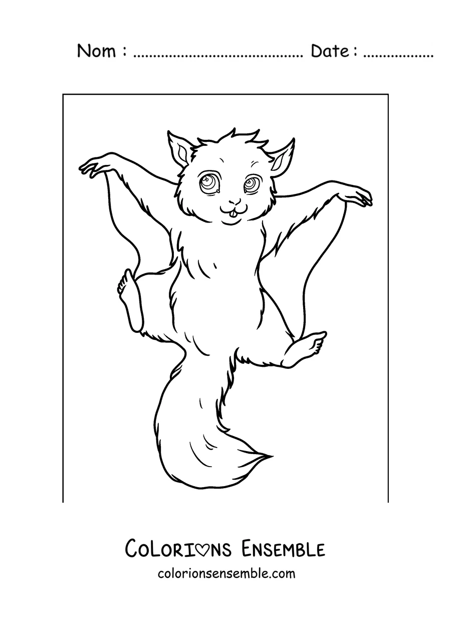 Coloriage d'un écureuil volant qui plane les pattes écartées
