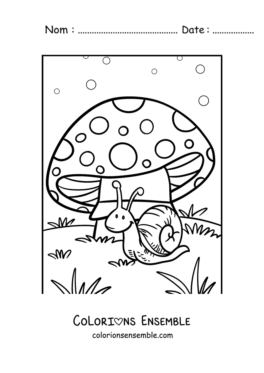 Coloriage d’un escargot sous un champignon