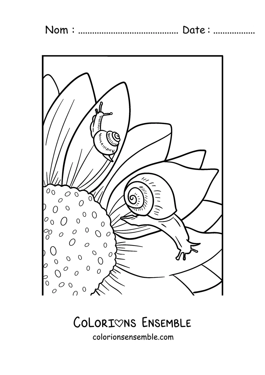 Coloriage d’un escargot grimpant sur un tournesol