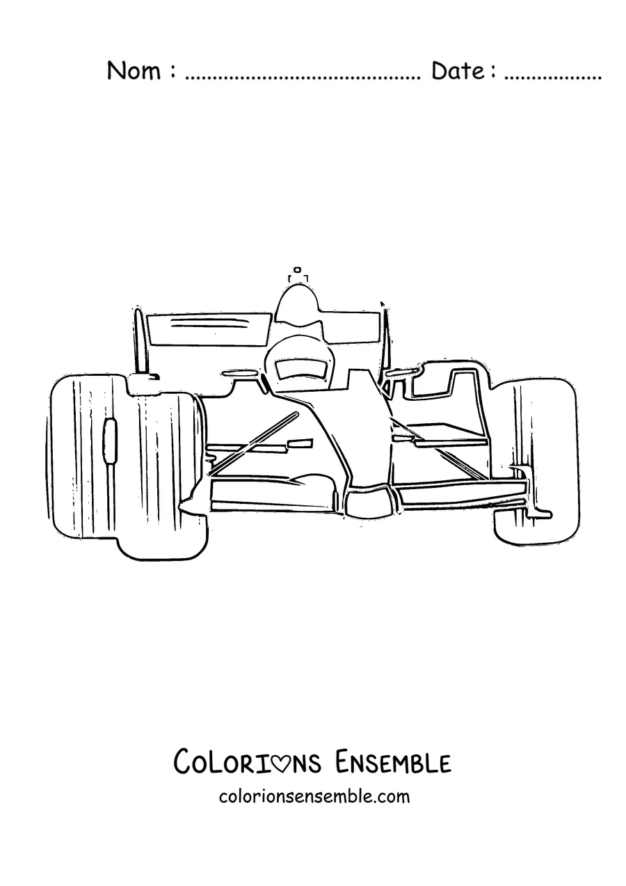 Coloriage d'une voiture de Formule 1 vue de face avec le pilote