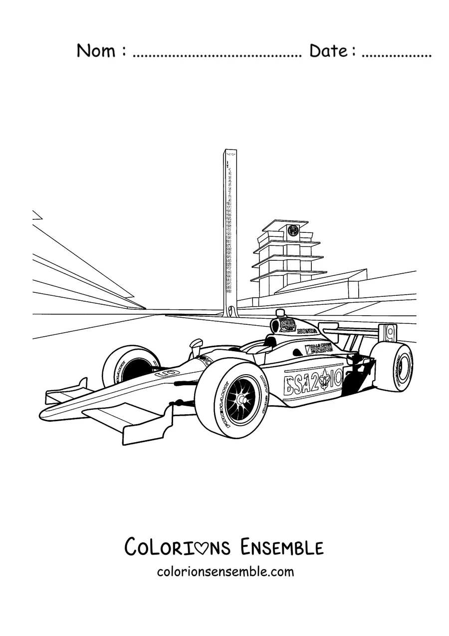 Coloriage d'une voiture de Formule 1 en course sur le circuit devant les tribunes