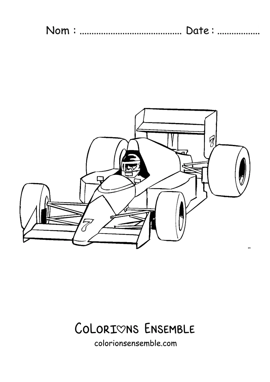 Coloriage d'une voiture de Formule 1 avec son pilote assis dans le cockpit