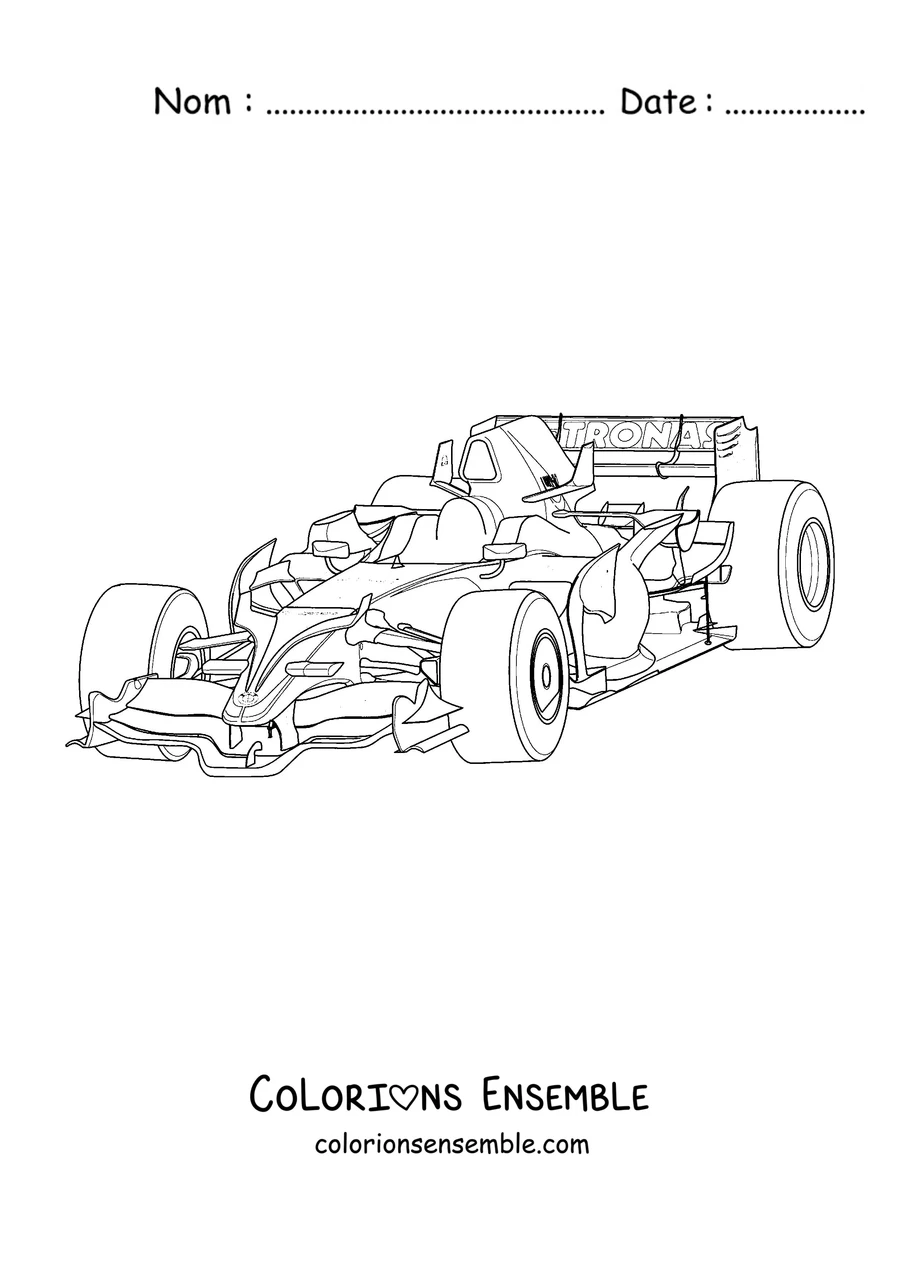 Coloriage d'une voiture de Formule 1 vue de trois quarts avant