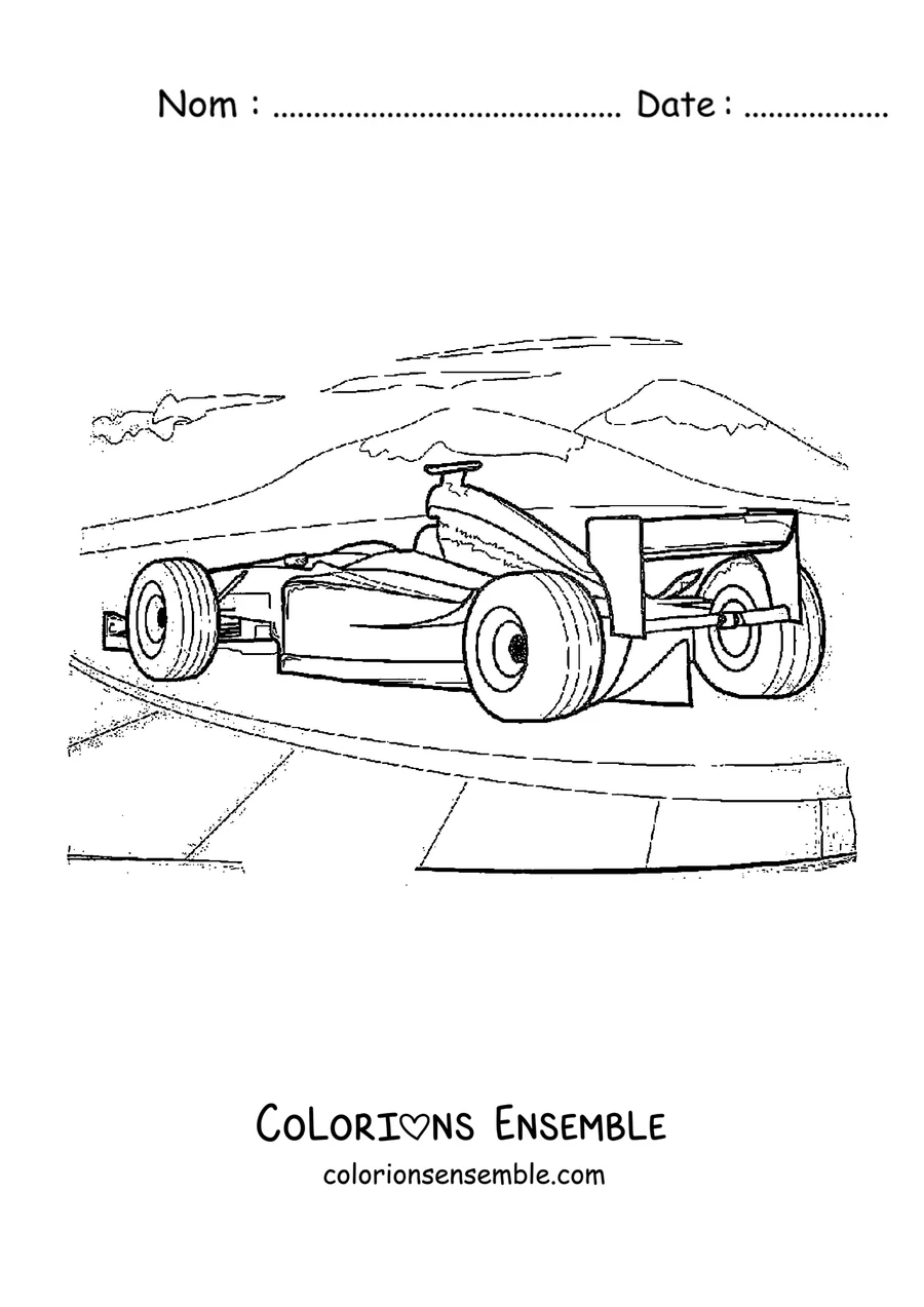 Coloriage d'une voiture de Formule 1 vue de derrière avec le paysage du circuit