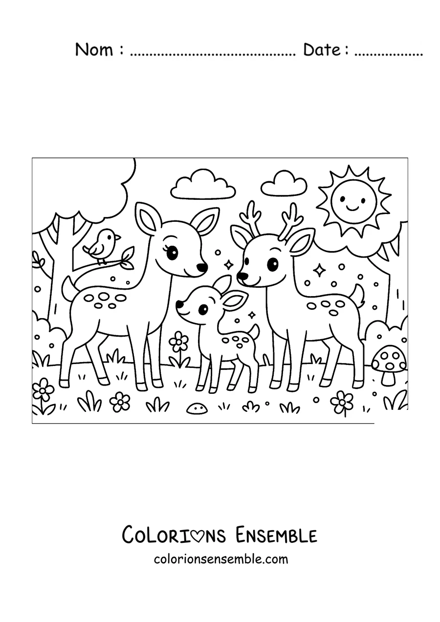 Coloriage d'une famille de cerfs dans la forêt