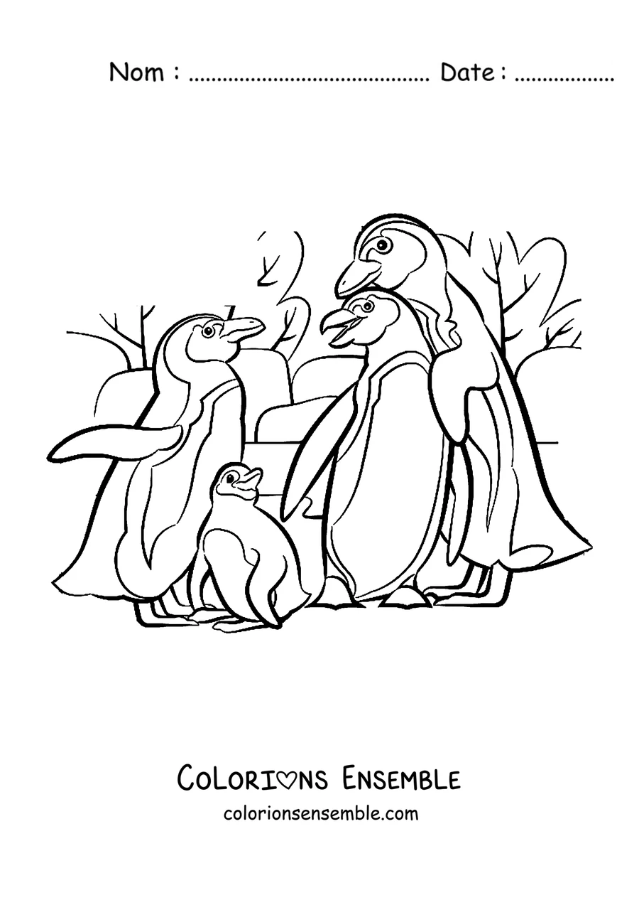Coloriage d'une famille de pingouins avec son petit