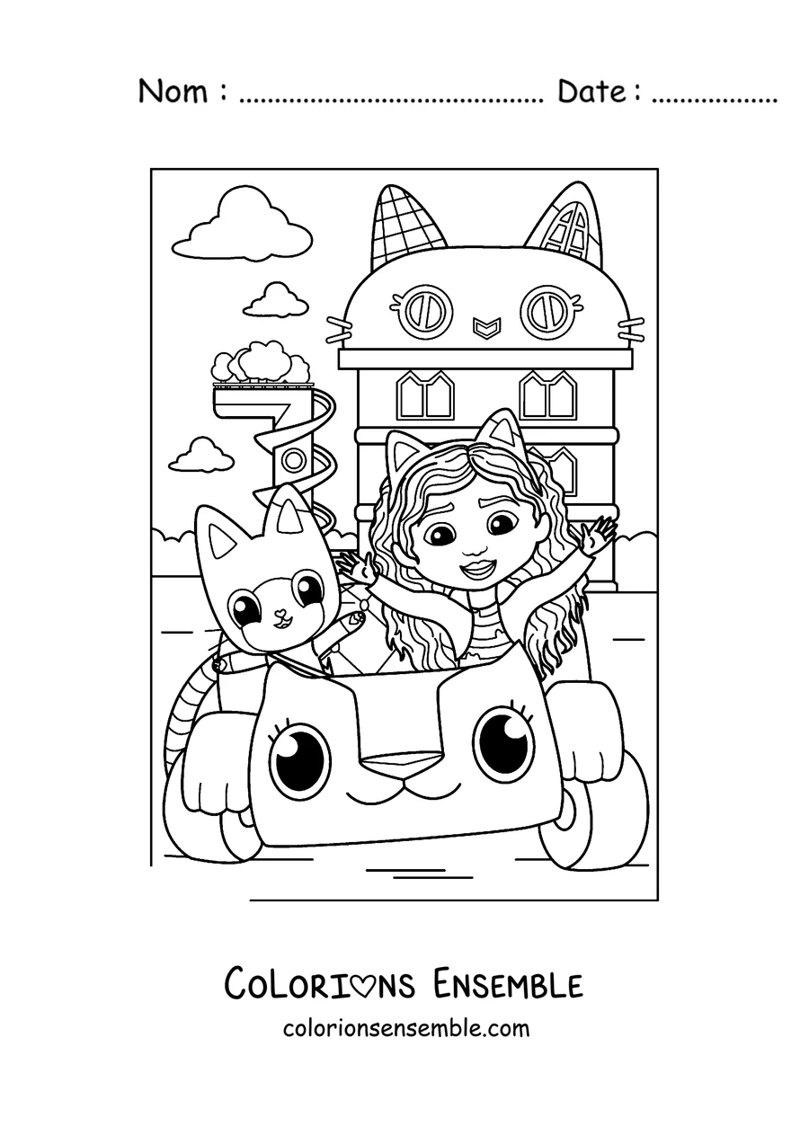 Coloriage de Gabby et Pandy Paws en balade dans la voiture Carlita devant la maison