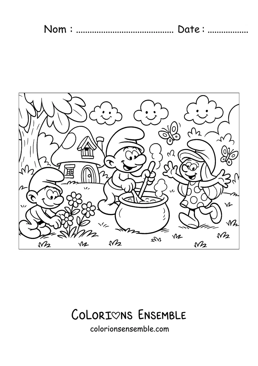 Coloriage du Grand Schtroumpf qui prépare une potion dans son chaudron