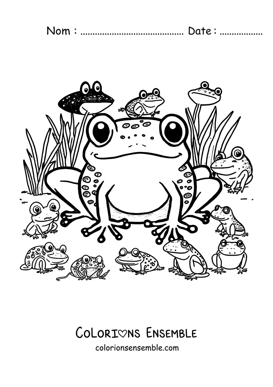 Coloriage d'une grande grenouille entourée de nombreuses petites grenouilles