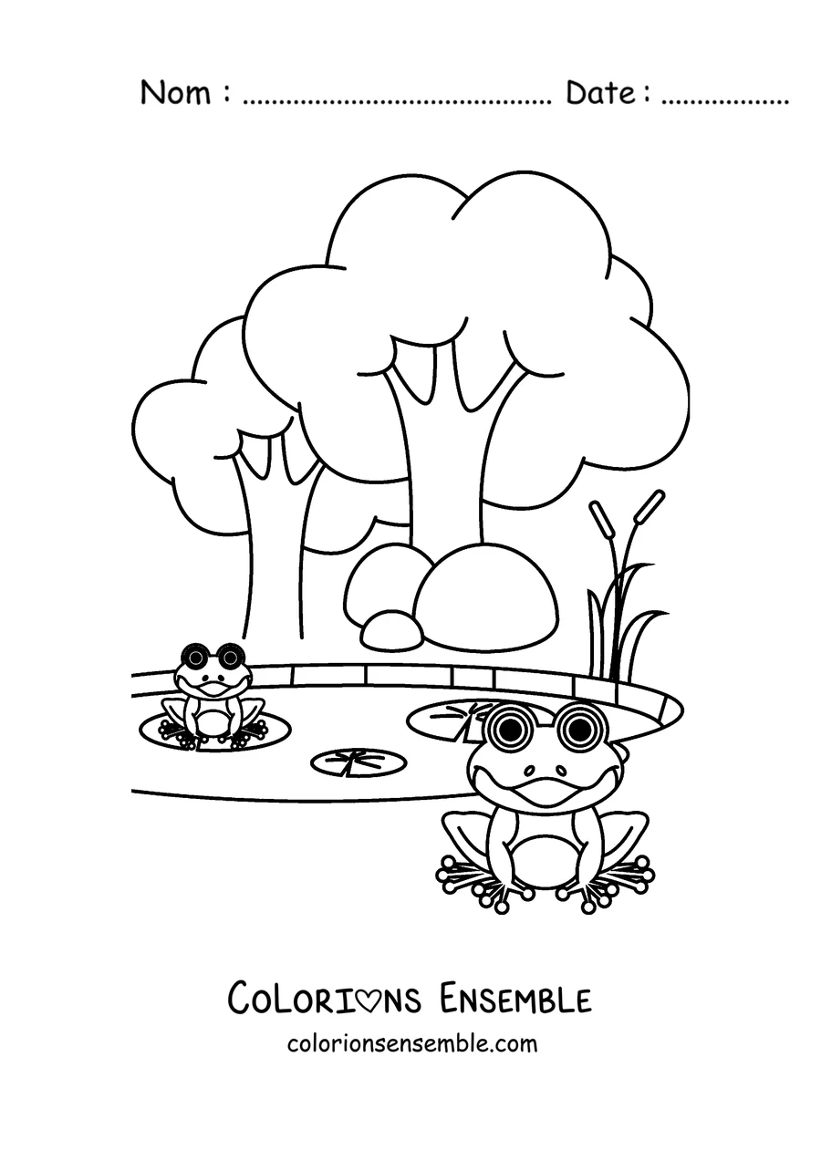 Coloriage d'une grenouille dans une forêt de champignons