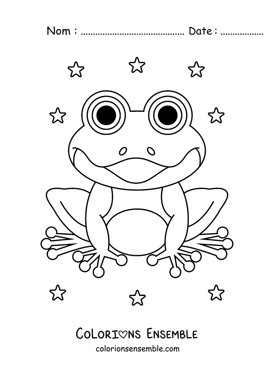 Coloriage d'une grenouille heureuse sur un nénuphar entourée d'étoiles