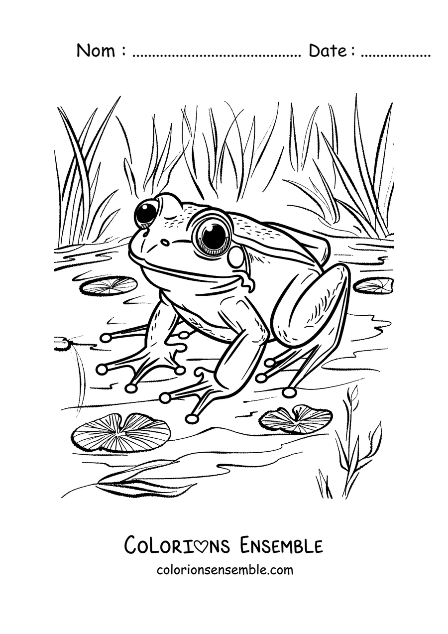 Coloriage d'une grenouille près de la mare parmi les nénuphars