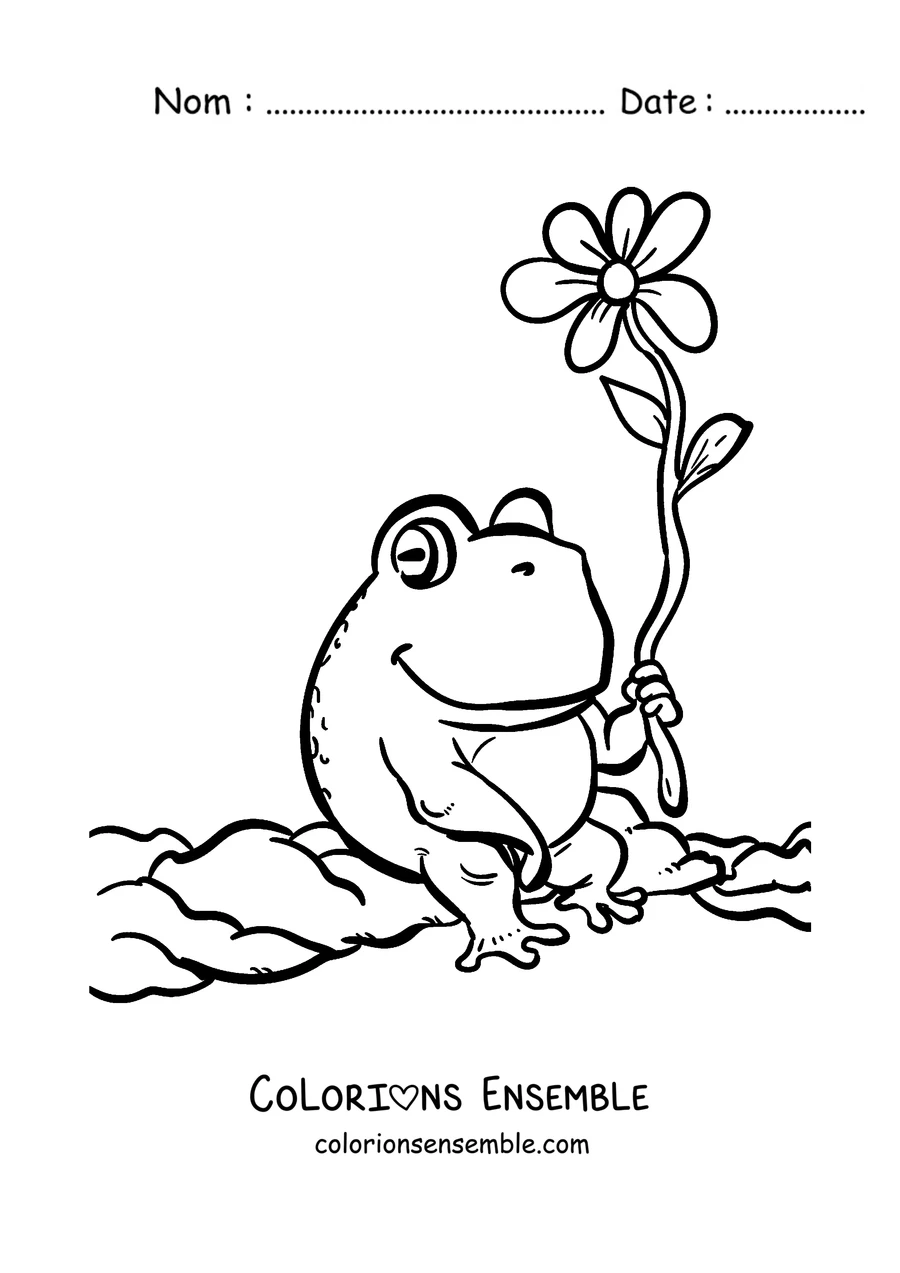Coloriage d'une grenouille tenant une fleur