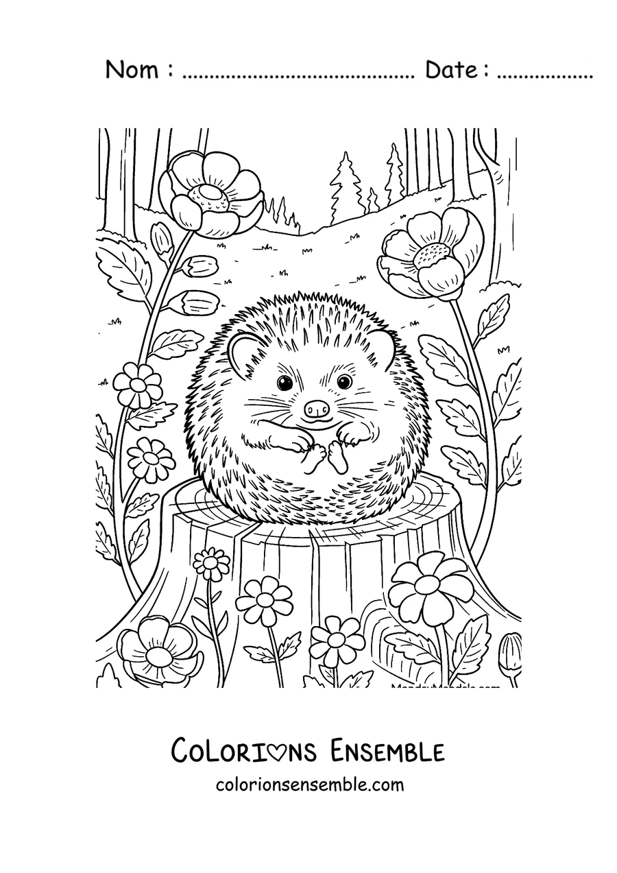 Coloriage d'un hérisson roulé en boule sur un tronc