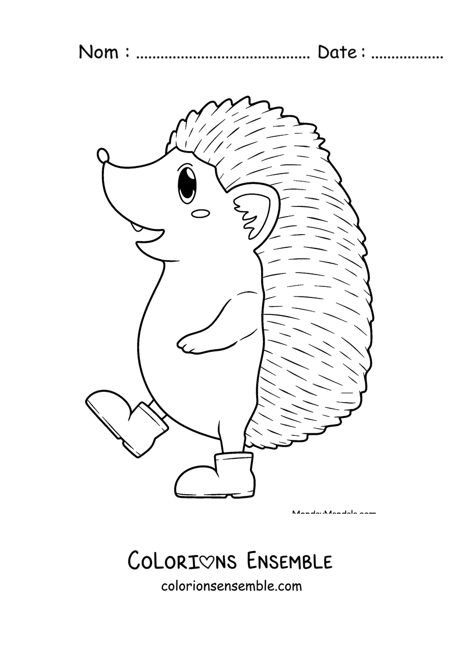 Coloriage d'un hérisson marchant sur deux pattes en bottes