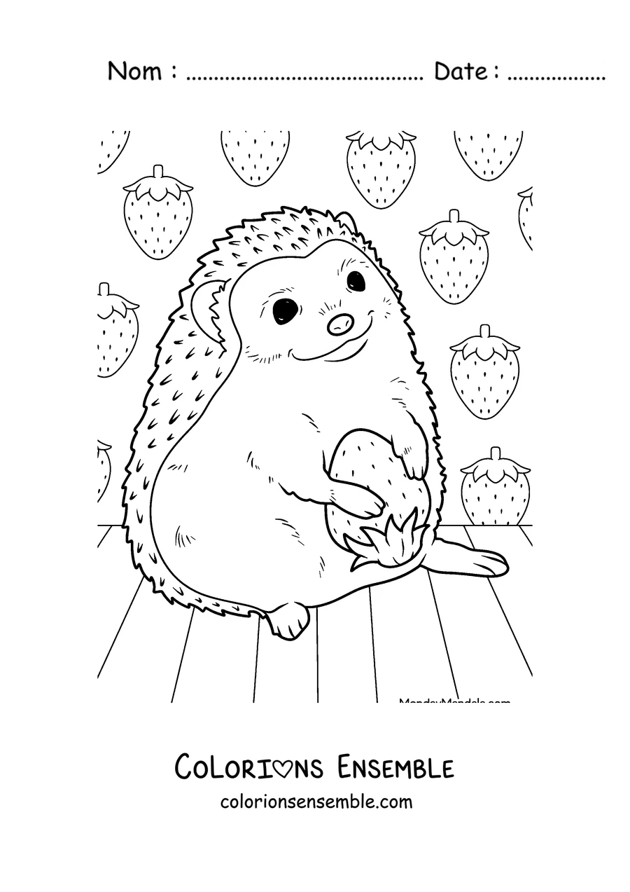 Coloriage d'un hérisson avec une brindille parmi les glands