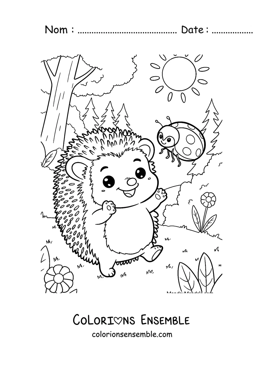 Coloriage d'un bébé hérisson jouant avec une coccinelle