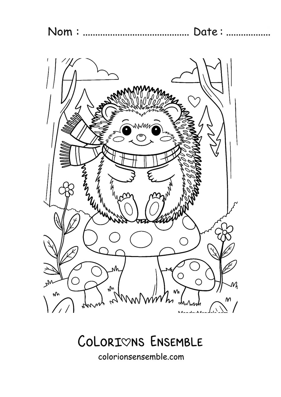 Coloriage d'un hérisson avec une écharpe parmi les champignons