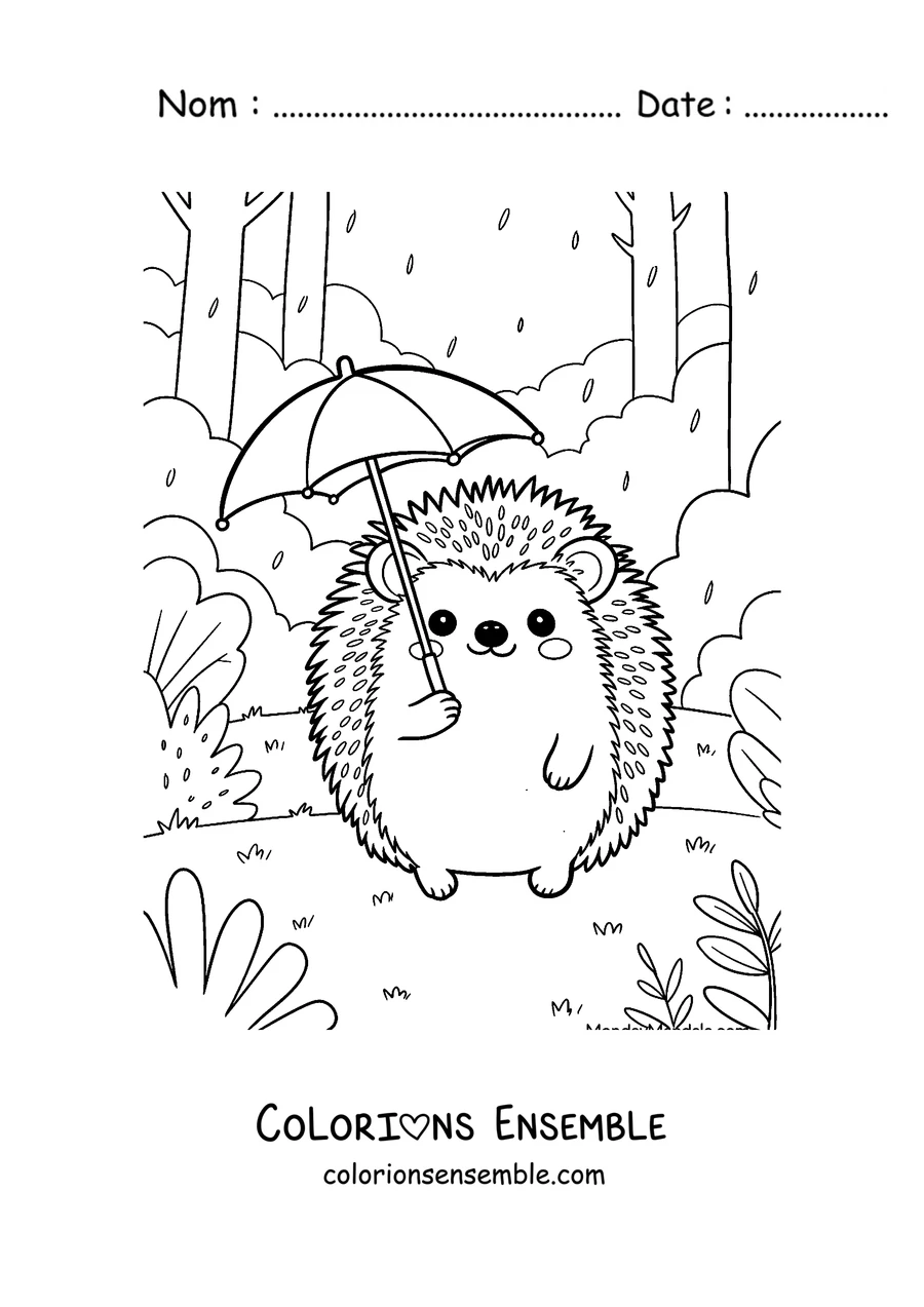 Coloriage d'un hérisson avec un parapluie sous la pluie