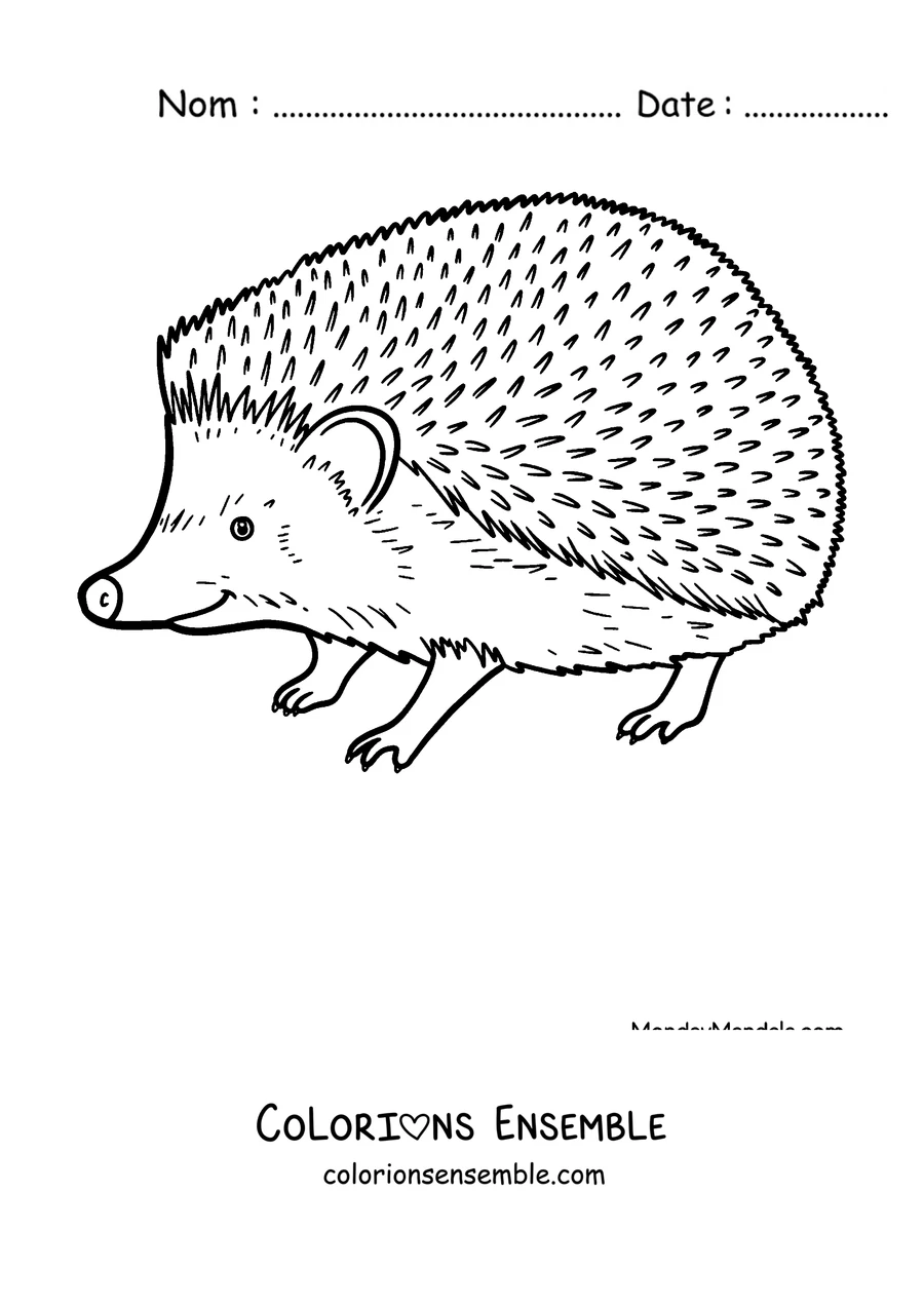 Coloriage d'un hérisson réaliste marchant de profil
