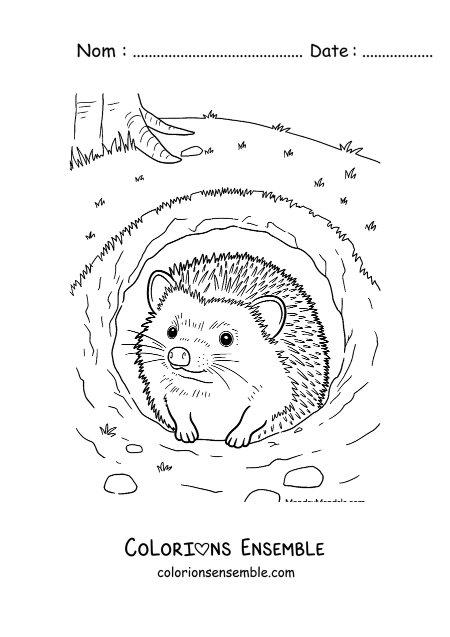 Coloriage d'un hérisson sortant la tête de son terrier