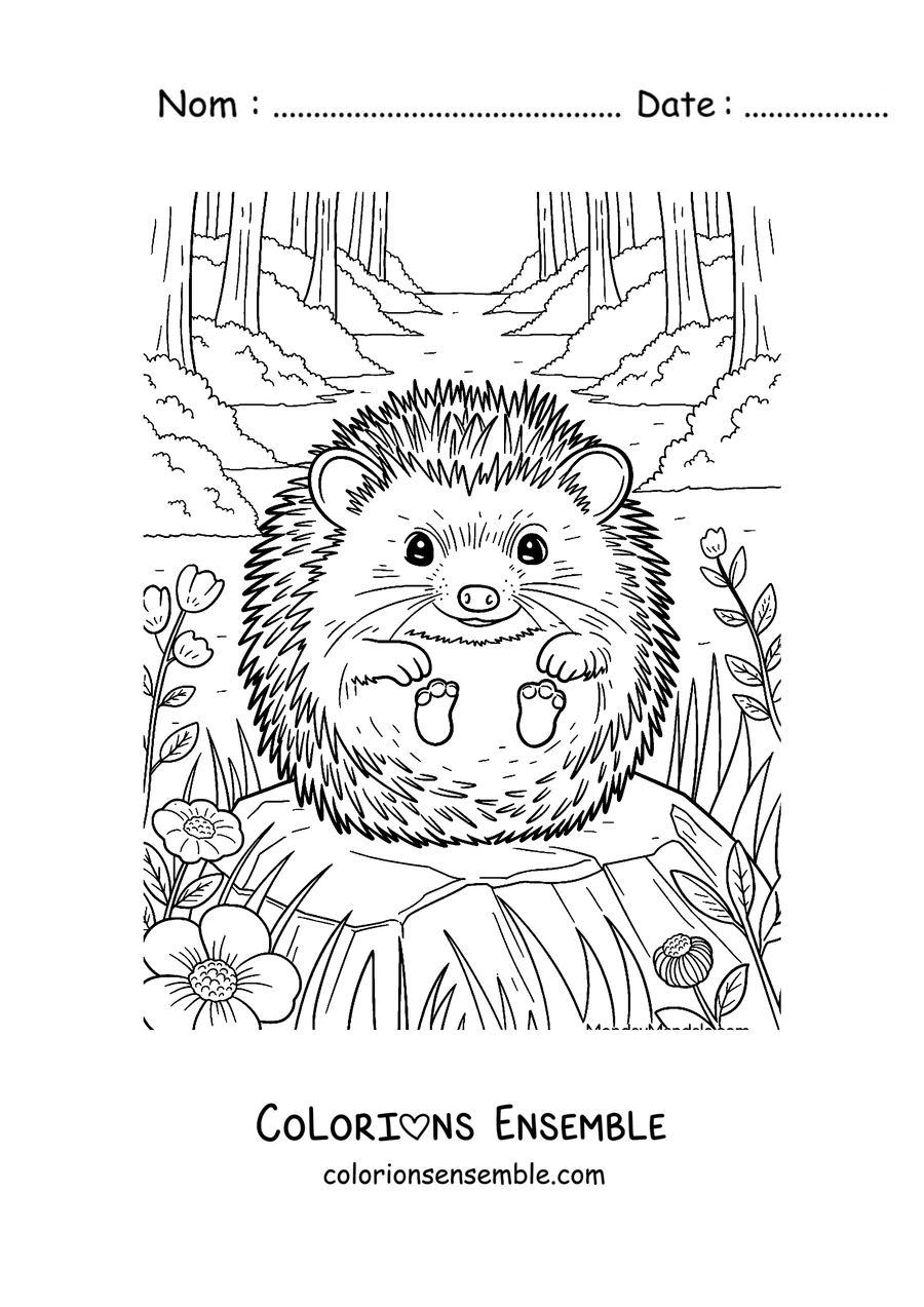 Coloriage d'un hérisson assis sur un tronc dans la forêt