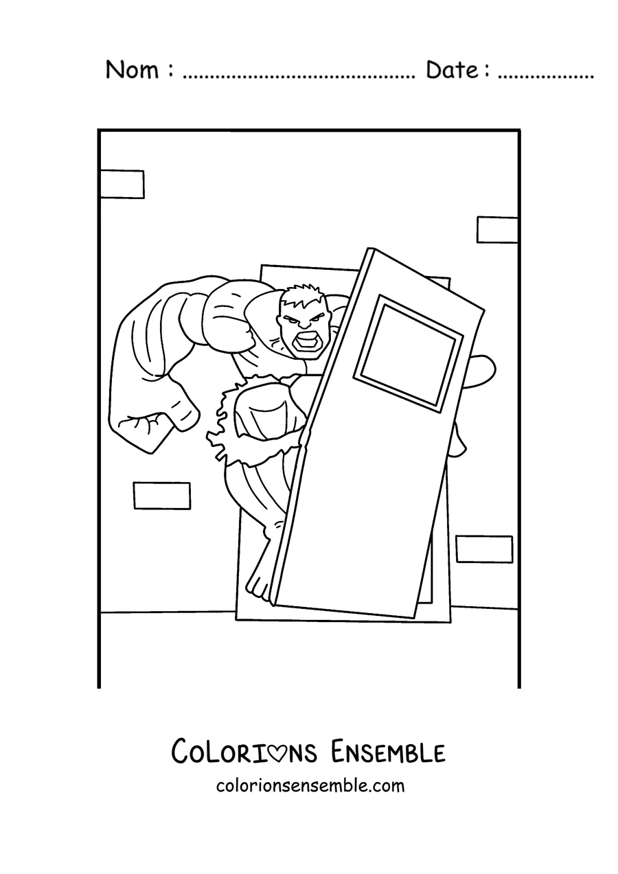 Coloriage de Hulk arrachant une porte en métal