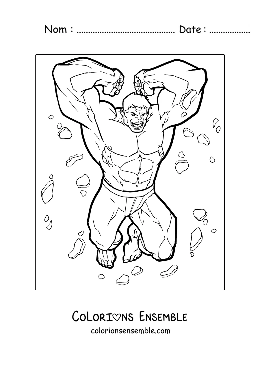 Coloriage de Hulk sautant les poings levés