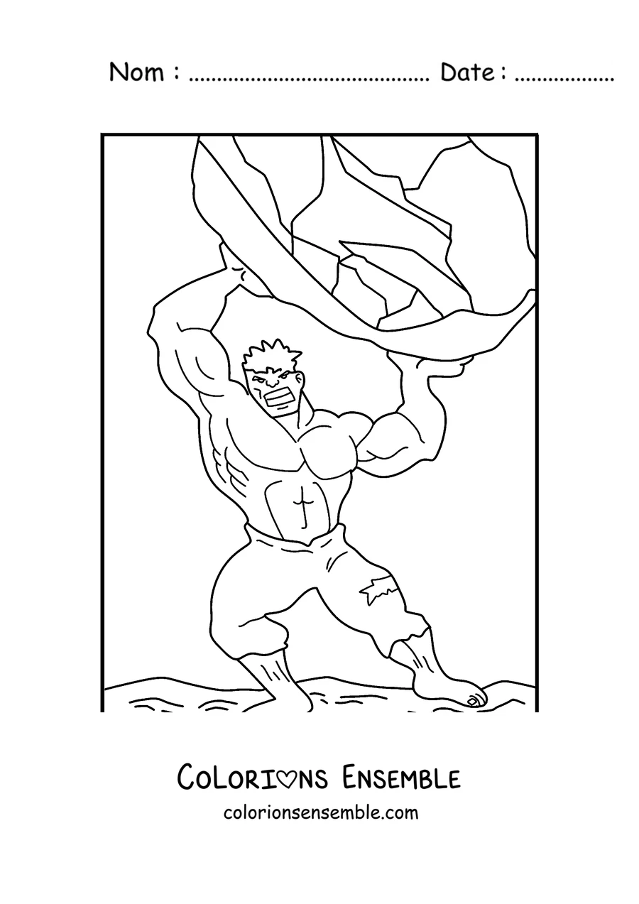 Coloriage de Hulk soulevant un rocher géant