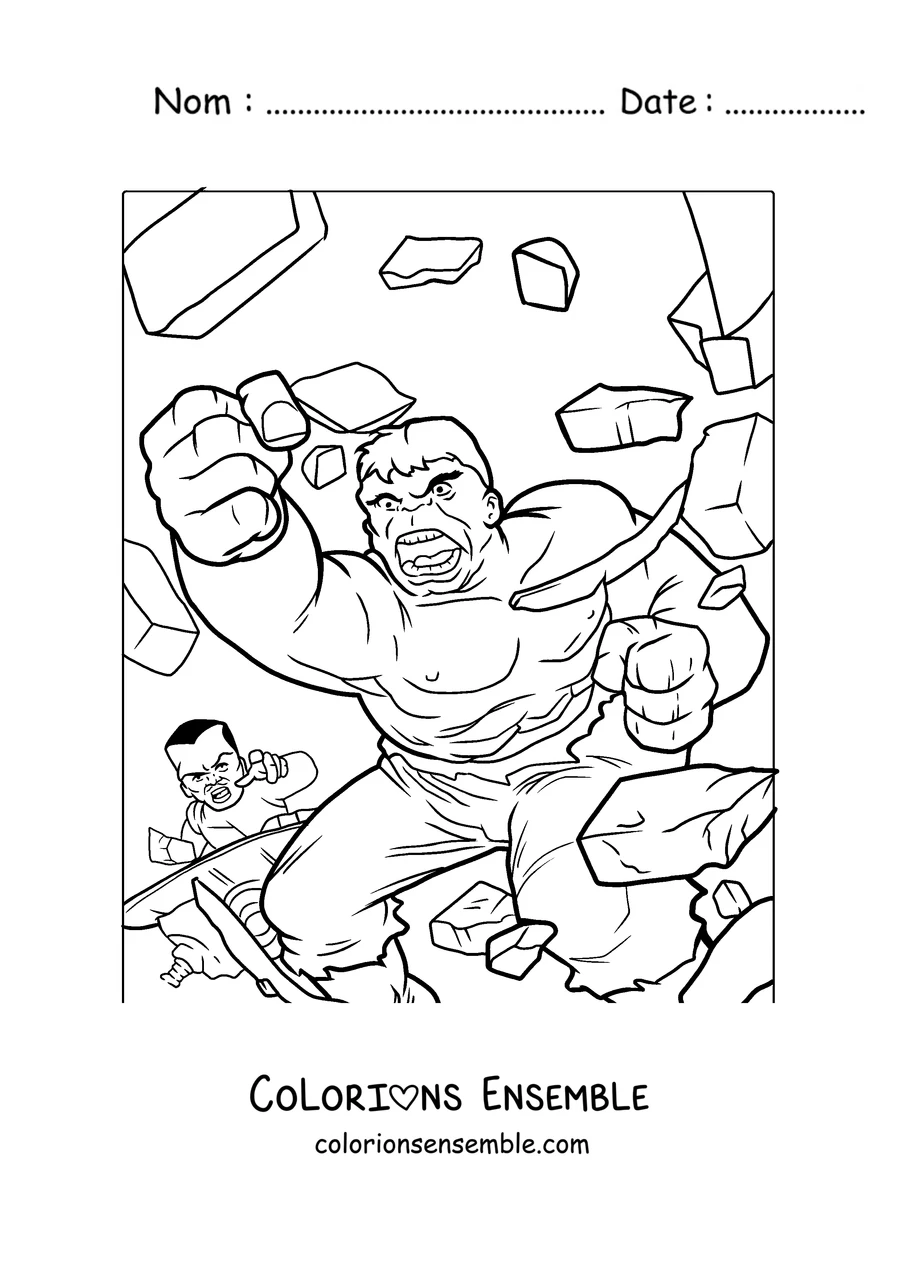 Coloriage de Hulk traversant un mur