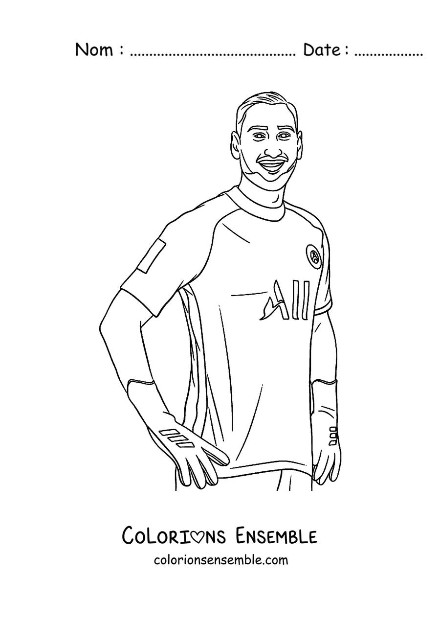 Coloriage d'un joueur du PSG souriant les mains sur les hanches