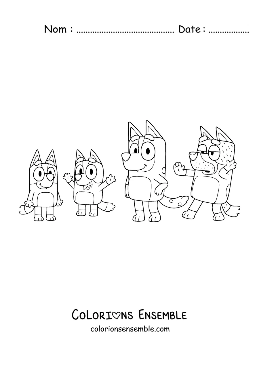 Coloriage de la famille Heeler : Bluey, Bingo, Chilli et Bandit