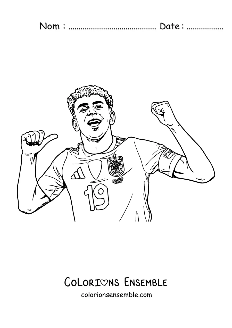 Coloriage de Lamine Yamal célébrant un but avec le maillot de l'Espagne