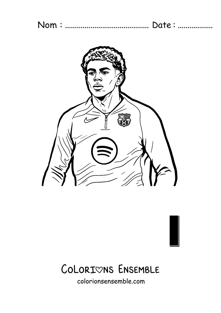 Coloriage de Lamine Yamal debout les bras croisés avec le maillot du Barça