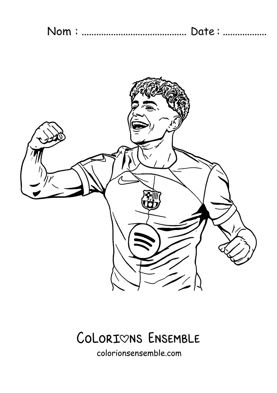 Coloriage de Lamine Yamal fléchissant le bras avec le maillot du Barça