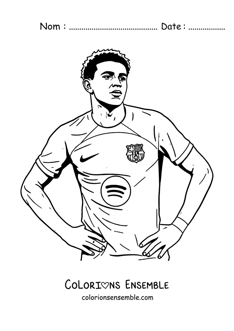Coloriage de Lamine Yamal debout les mains sur les hanches avec le maillot du Barça