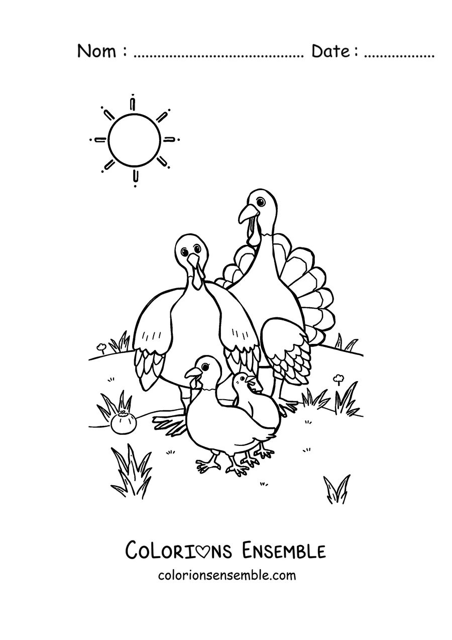 Coloriage d'une maman dinde se promenant avec ses dindonneaux