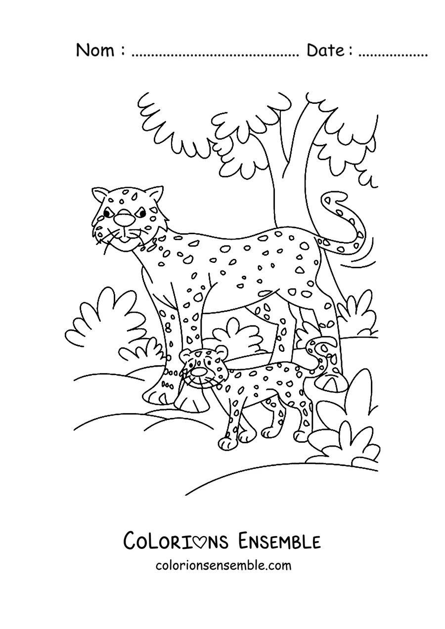 Coloriage d'une maman guépard se promenant avec son petit