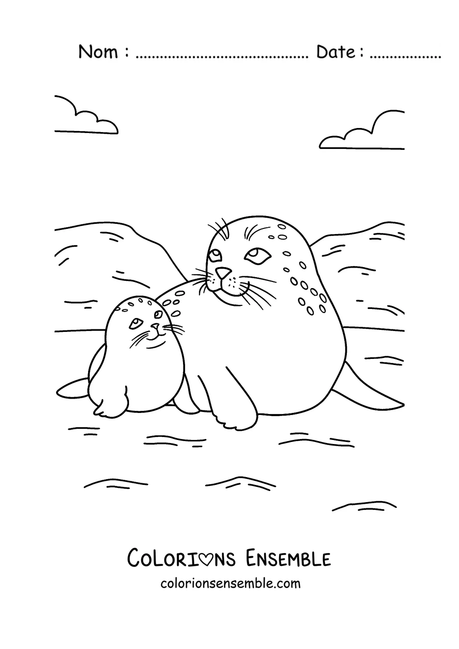 Coloriage d’une maman phoque et de son petit sur le rivage