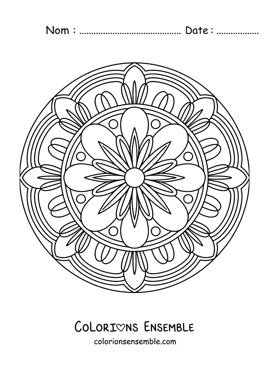 Coloriage d'un mandala d'automne avec une fleur au centre et un anneau de pétales