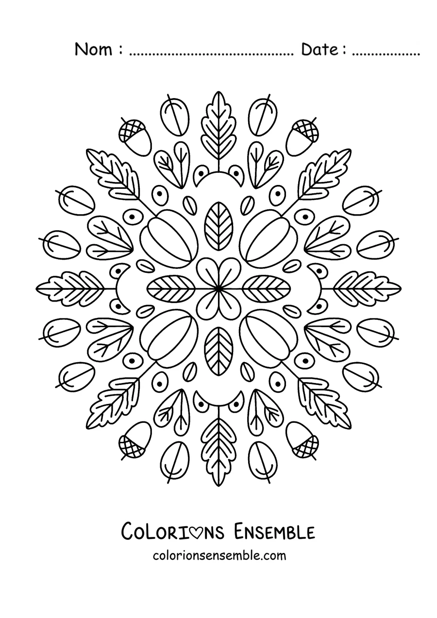 Coloriage d'un mandala d'automne avec des glands et des feuilles de chêne