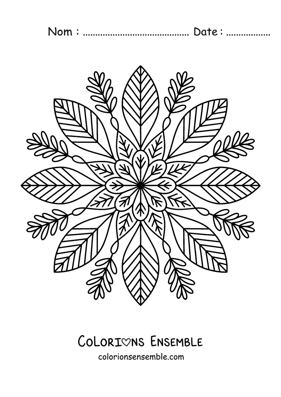 Coloriage d'un mandala d'automne avec de longues feuilles qui partent du centre