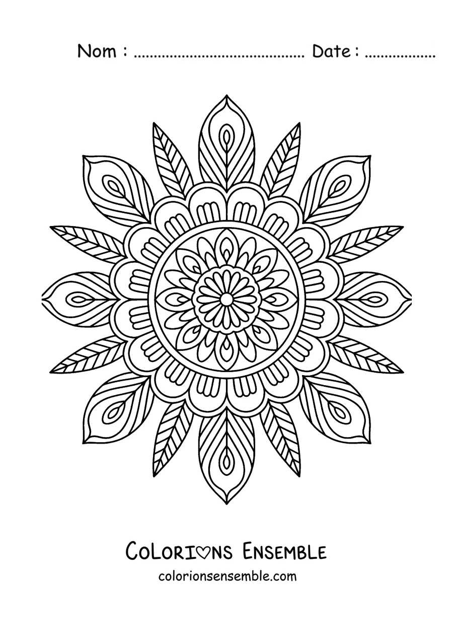 Coloriage d'un mandala d'automne avec des pétales en forme de feuille autour du centre