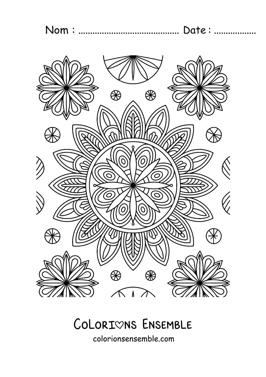 Coloriage d'une page avec un grand mandala d'automne entouré de mandalas et de fleurs plus petits