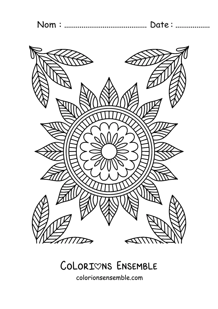 Coloriage d'un mandala de tournesol avec des bouquets de feuilles dans les coins